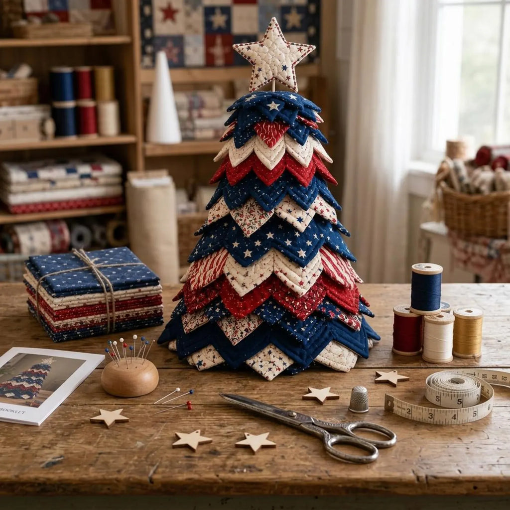 Patriotic Quilted Fabric Tree Tabletop Decoration, Handmade Red White & Blue Star Americana Home Decor QCTPETAL09