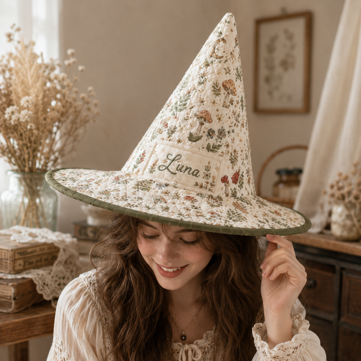 Personalized Quilted Witch Hat for Women – Custom Name Floral Mushroom Witch Hat, Soft Halloween Costume Accessory. QWHPETAL10