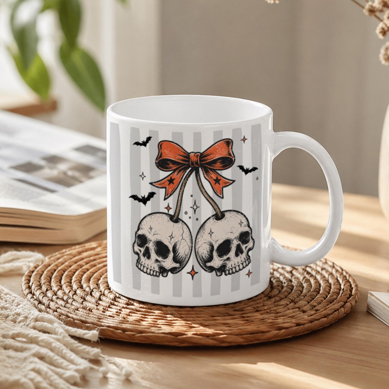 Summerween Coffee Mug, Gothic Summer Halloween Mug, Dark Academia Witchy Gift, Spooky Coquette Bow Skull Mug, Spooky Halloween In July Cup. MPETAL12