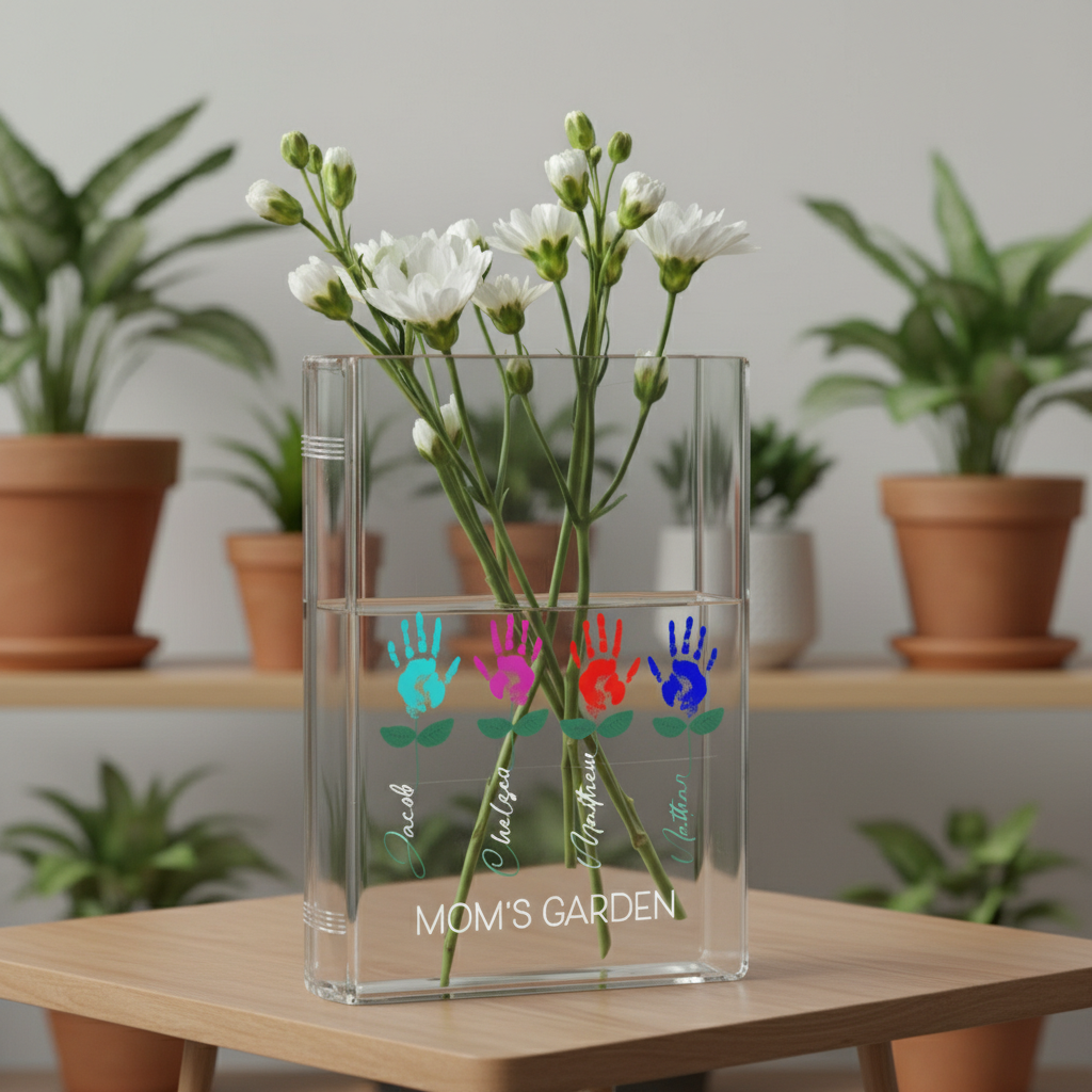 Personalized Mom’s Garden Birth Month Flower Book Vase – Custom Gift for Mom, Meaningful Mother’s Day Garden Decor Keepsake