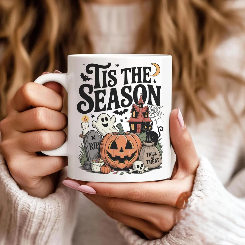 Tis The Season Halloween Mug, Spooky Ghost Pumpkin Coffee Cup, Cute Haunted House Mug, Cozy Fall Autumn Mug, Trick or Treat Gift. MPETAL5