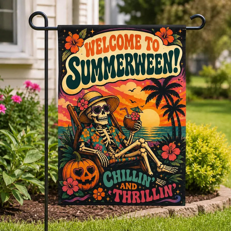 Summerween Garden Flag, Skeleton Halloween Beach Flag, Tropical Halloween Decor, Spooky Summer Yard Flag, Pumpkin Flag. HLWGFPETAL24