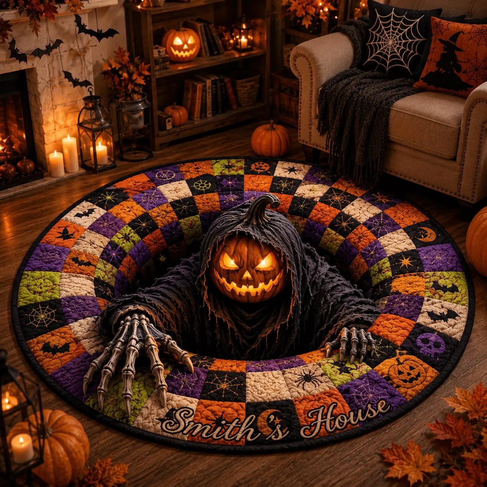 Personalized Quilted Round Halloween Rug, Custom Name Pumpkin Reaper Rug, Spooky Patchwork Decor, Gothic Horror Doormat, Halloween Gift. QRPETAL33