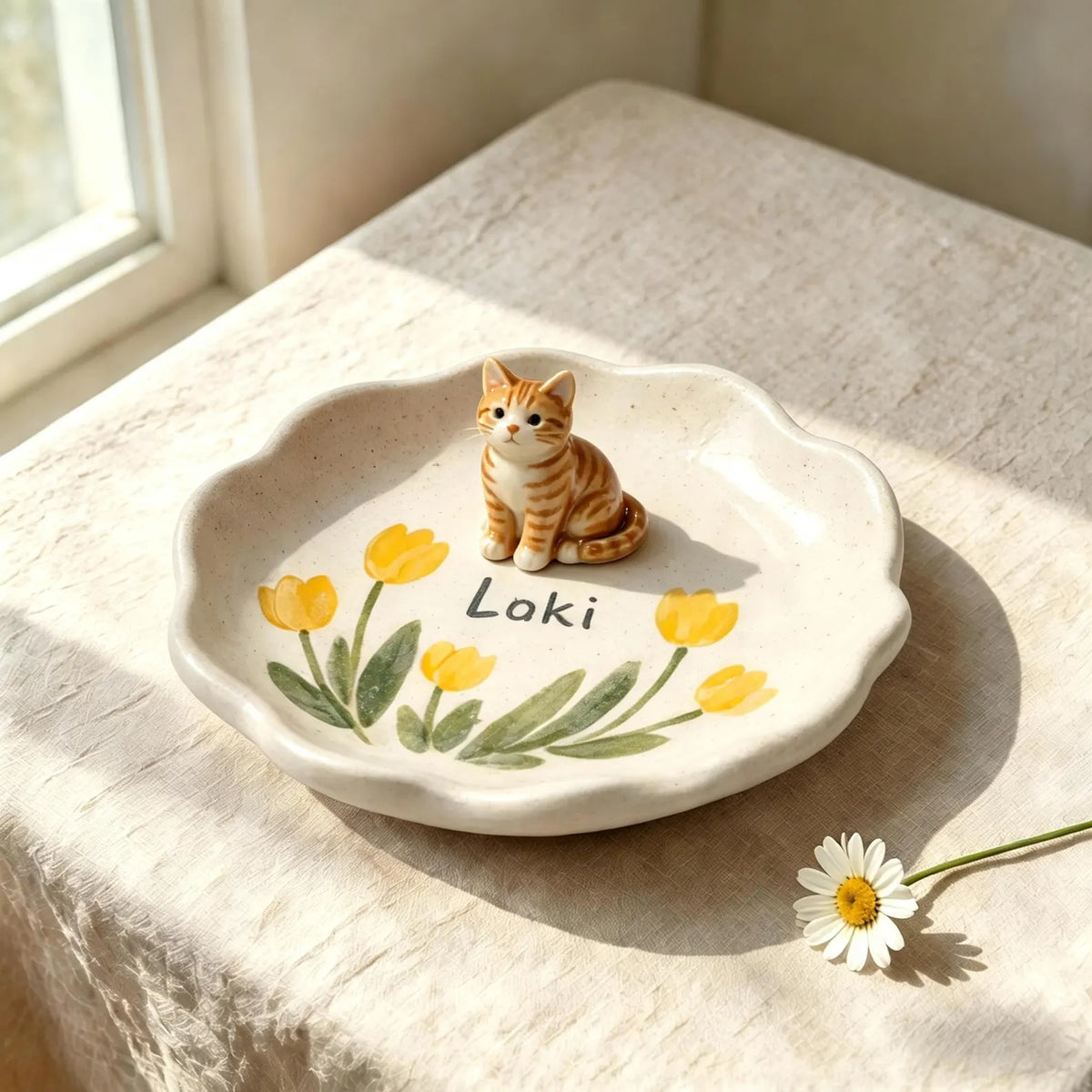 3D Sculpted Cat Figurine Ring Dish, Custom Handpainted Ceramic Jewelry Tray. CPPETAL05
