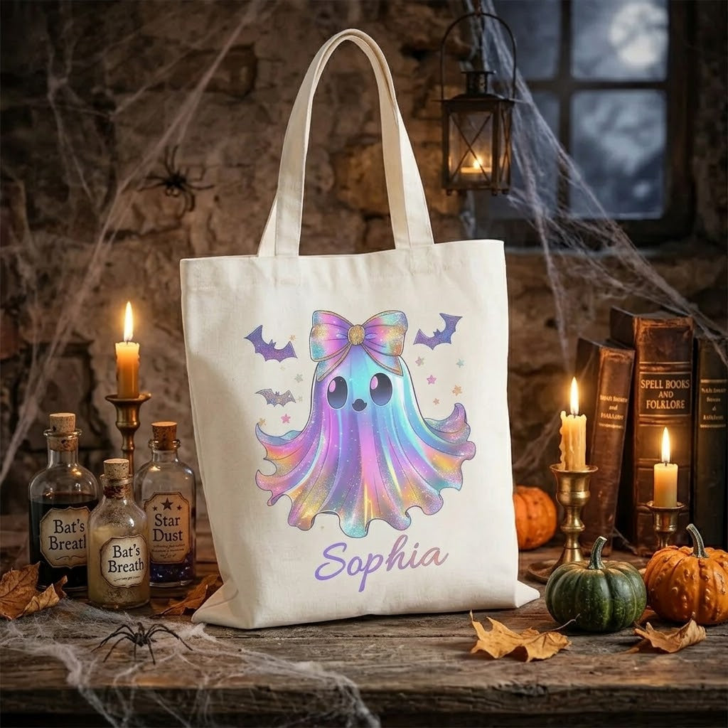 Personalized Halloween Ghost Tote Bag, Custom Name Trick or Treat Bag, Cute Pastel Ghost Candy Bag, Halloween Gift for Kids, Spooky Season Tote Bag. HLWTBPETAL1