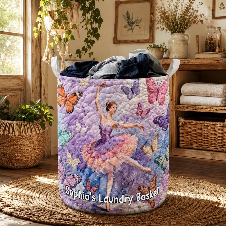 Ballerina Quilted Laundry Basket, Butterfly Dance Hamper, Cottagecore Ballet Laundry Bin, Personalized Fabric Storage Basket. LBPETAL140