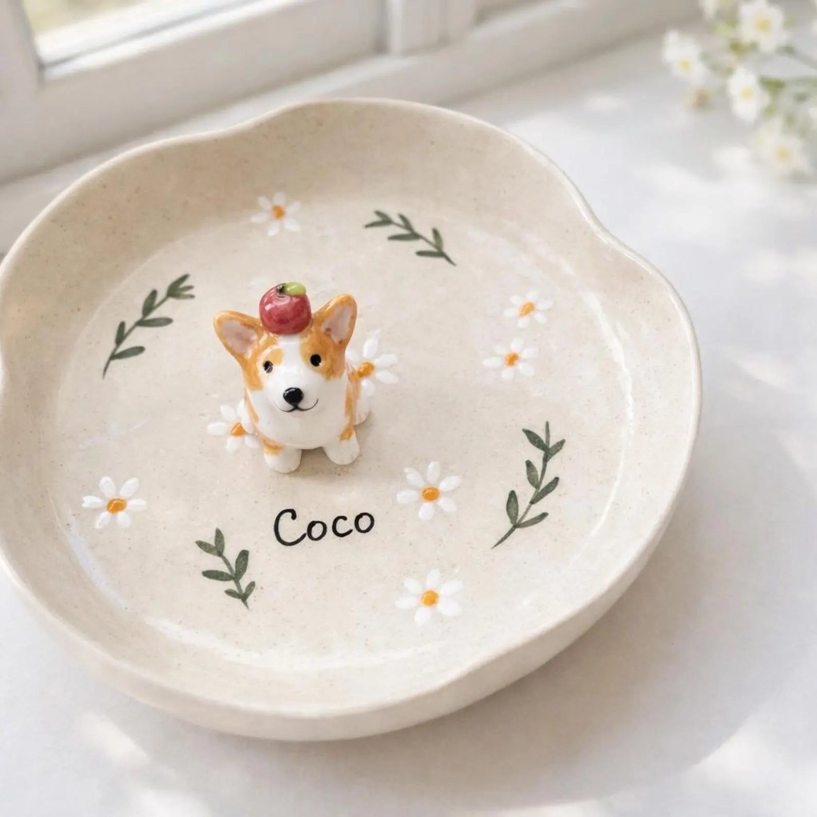 Custom 3D Pet Ring Dish, Daisy Ceramic Jewelry Tray, Hand-sculpted Dog Portrait Trinket Bowl. CPPETAL02