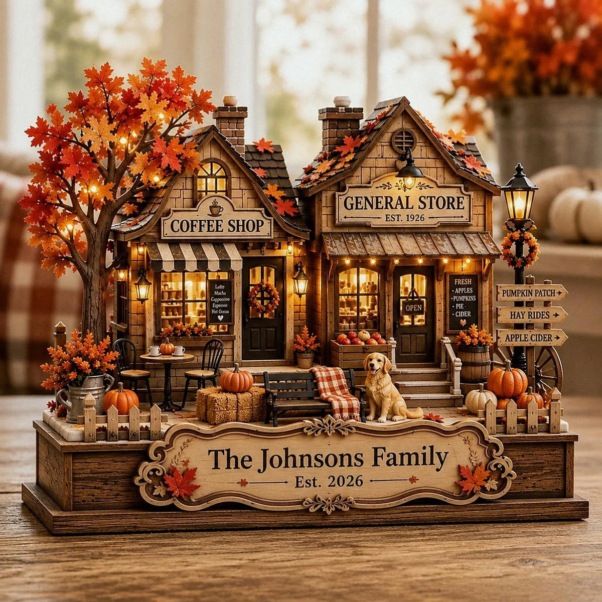 Custom Harvest Festival Village Wooden Block, Rustic Autumn Village, Personalized Family Fall Sign, Coffee Shop Decor, Thanksgiving Decor. WBPETAL12