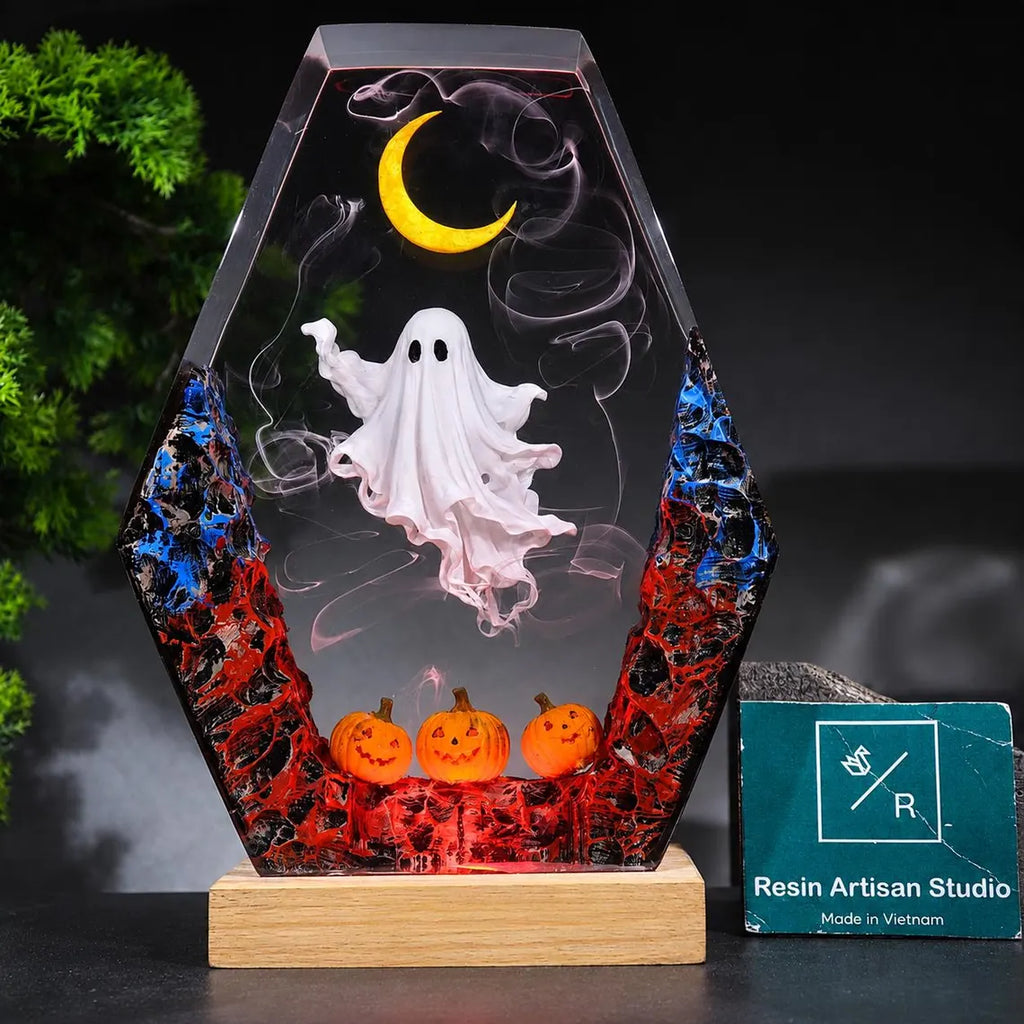 Halloween Ghost Resin Lamp, Spooky Pumpkin Night Light, Crescent Moon Decor, Handmade Halloween Gift, Gothic Desk Lamp. RLPETAL09