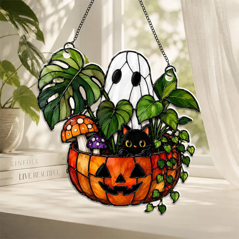 Cute Ghost Plant And Black Cat Acrylic Suncatcher, Pumpkin Window Hanging, Hangings Plant Lover Gift, Black Cat Lover, Halloween Decor. HSPETAL7
