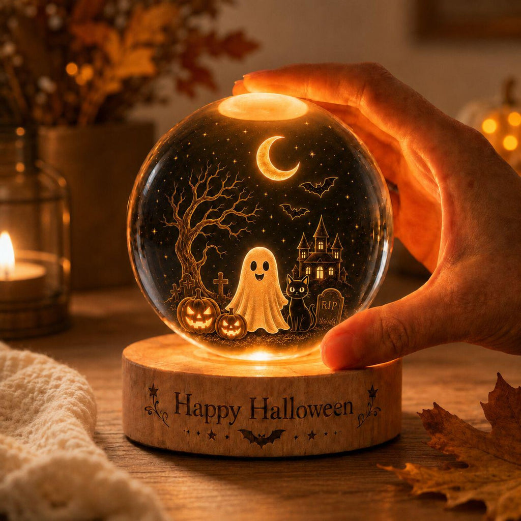 Halloween Crystal Ball LED Night Light Ghost Pumpkin Moon Glass Sphere Lamp Spooky Fall Decor Gift for Home Bedroom Desk. LEDPETAL24