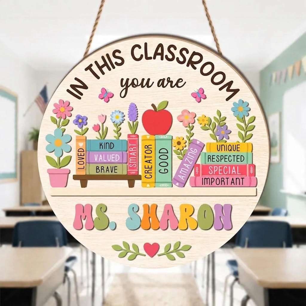 Custom Teacher Name Floral Door Sign, Personalized Classroom Door Hanger, 3D Wooden Decoration, Back to School Gift, Teacher Gifts. DHPETAL03