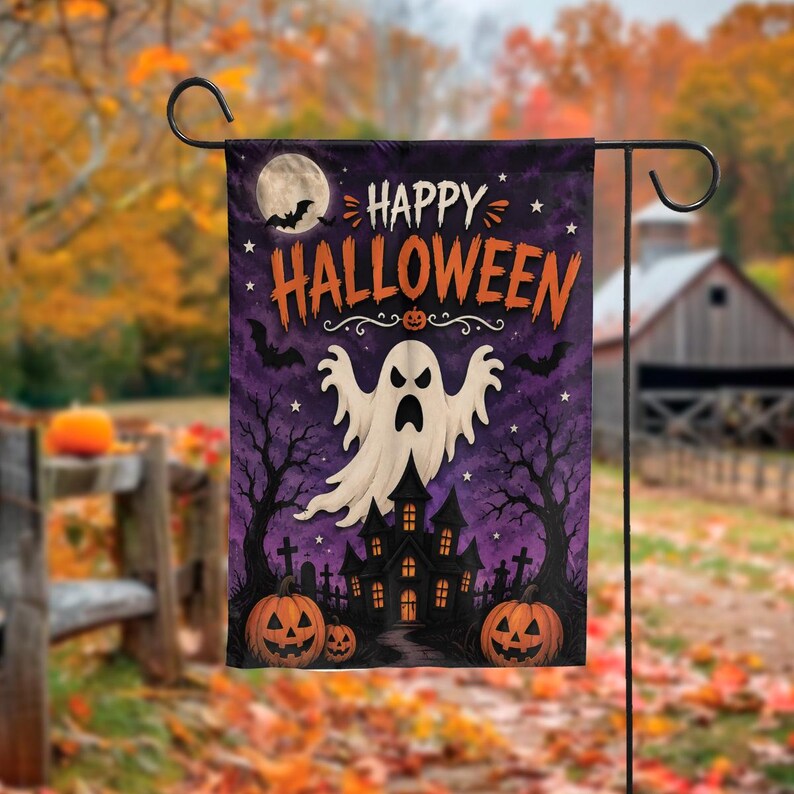 Happy Halloween Garden Flag, Ghost Halloween Flag, Spooky Pumpkin Yard Decor, Haunted House Flag, Fall Outdoor Decor. HLWGFPETAL19