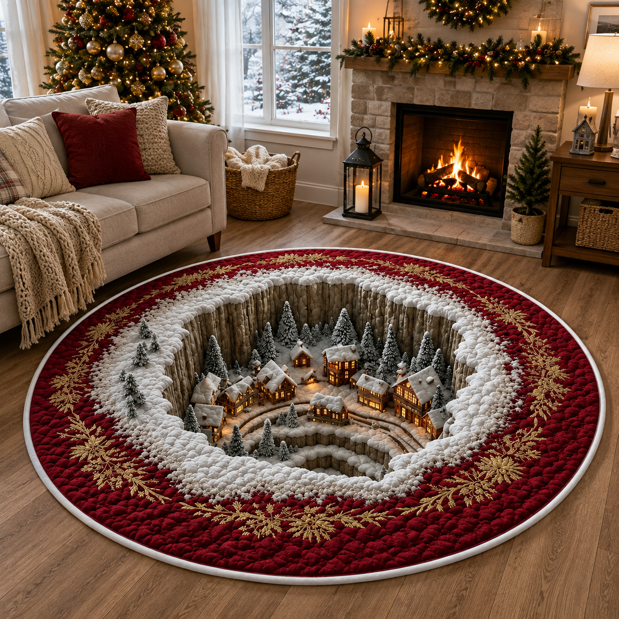 Christmas Winter Village 3D Round Rug, Snowy Mountain Town Vortex Optical Illusion Floor Mat, Non Slip Xmas Home Decor, Christmas Gift. QRPETAL05