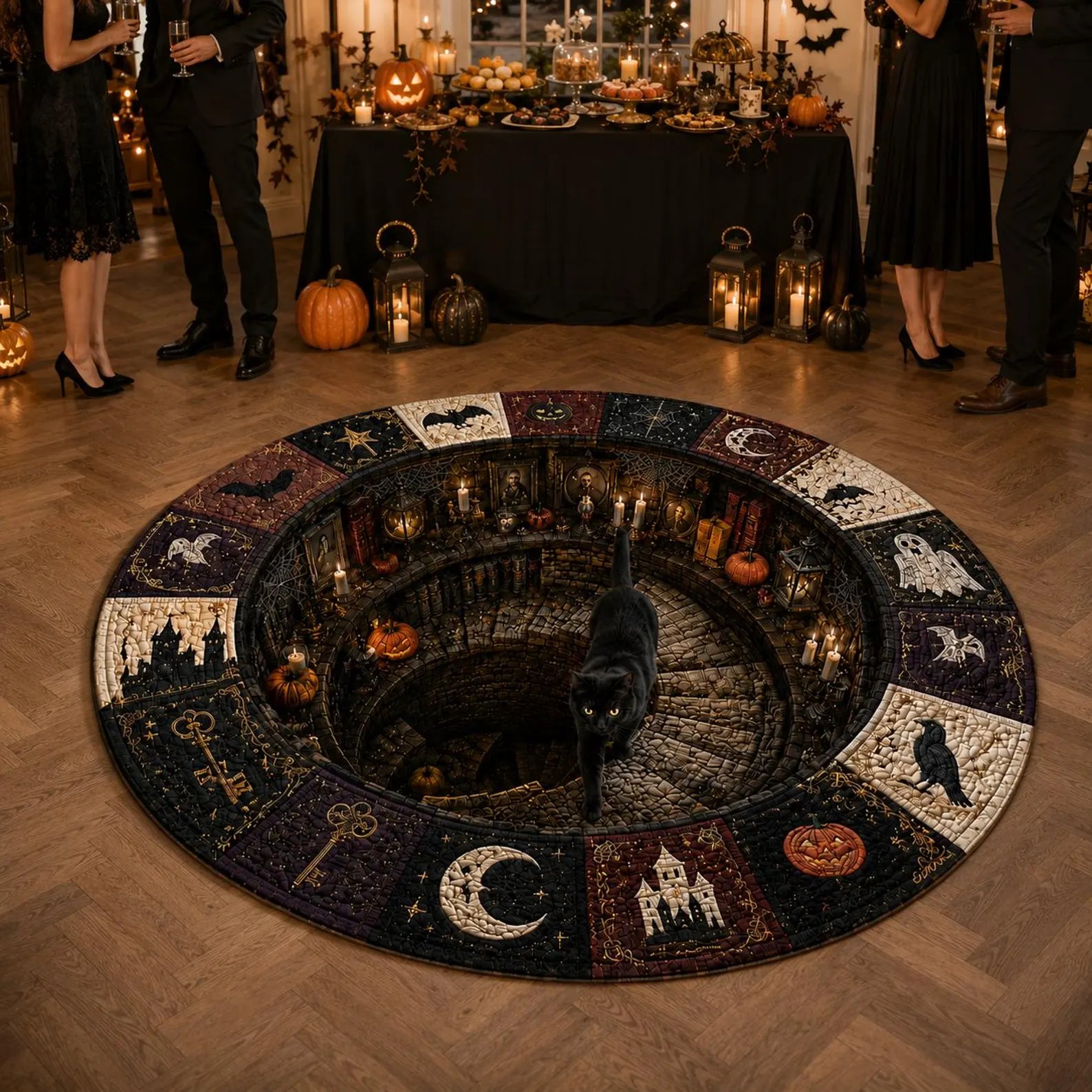 Halloween Black Cat Circle Rug, 3D Vortex Illusion Round Rug, Fall Autumn Leaves Spooky Decor, Witchy Floor Carpet Gift for Halloween. QRPETAL25