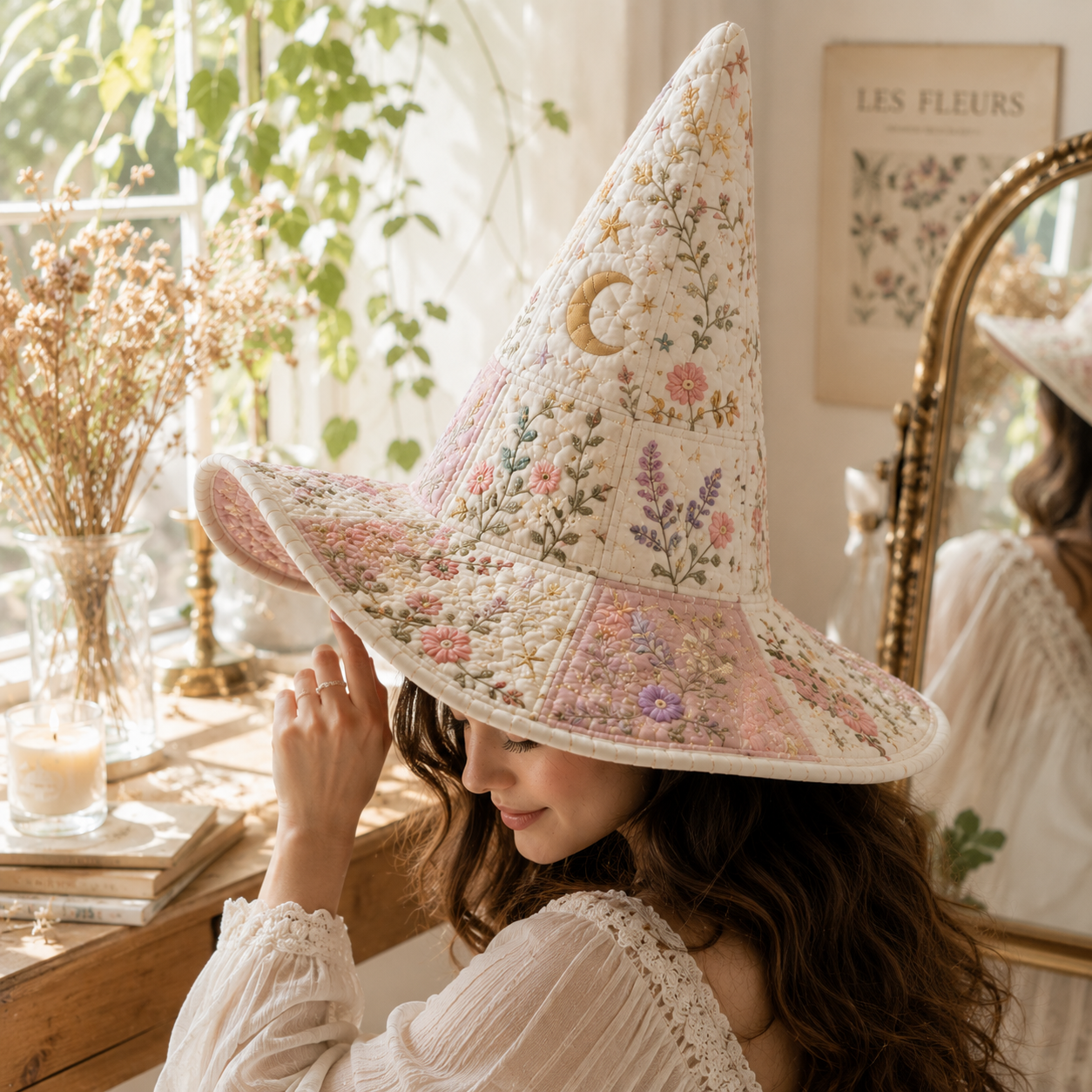 Floral Quilted Witch Hat for Women – Soft Padded Cottagecore Halloween Costume Hat with Moon & Botanical Design. QWHPETAL8