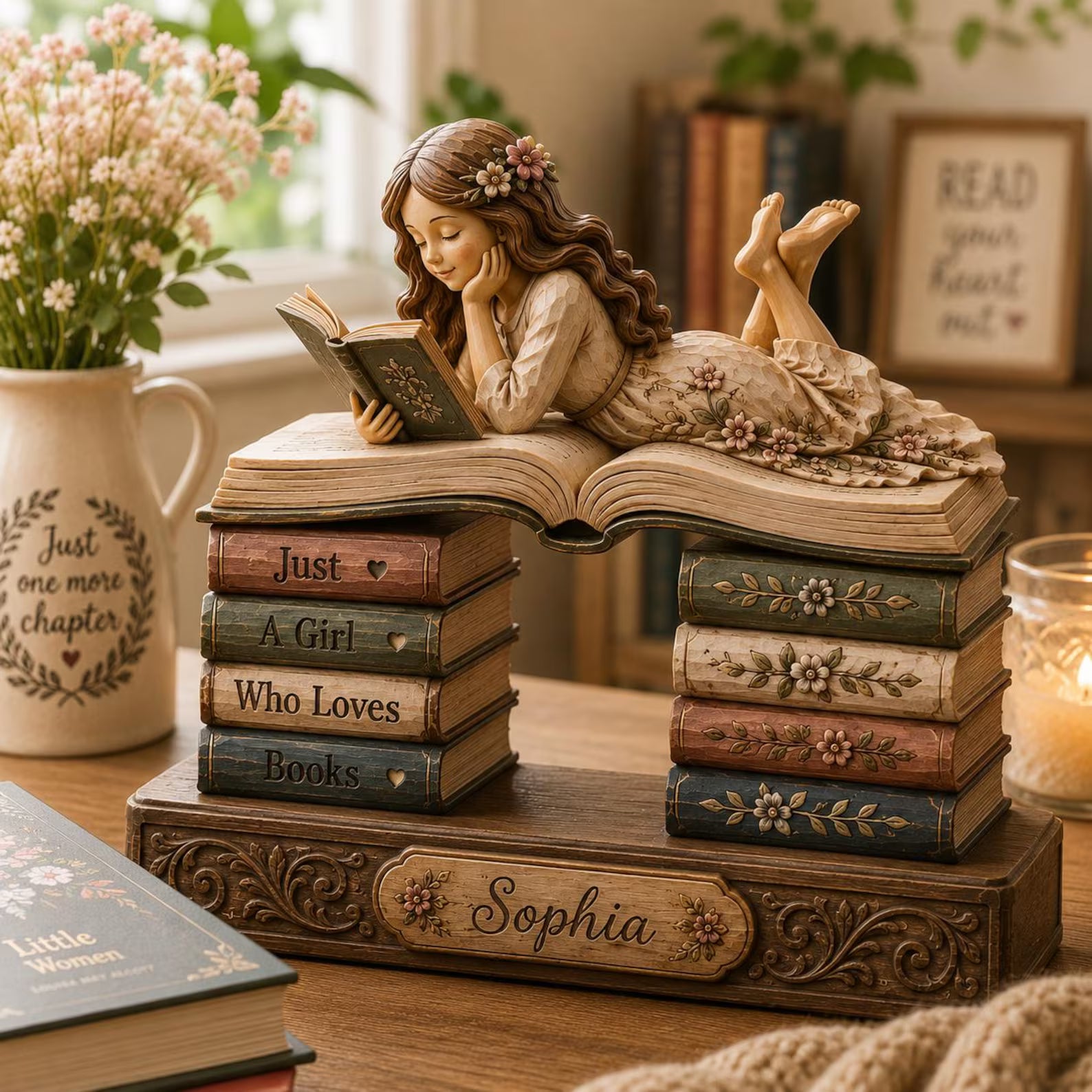 Personalized Reading Girl Book Wooden Block, Custom Book Lover Desk Decor, Library Shelf Keepsake, Reader Gift for Her, GIFT 2026. WBPETAL6