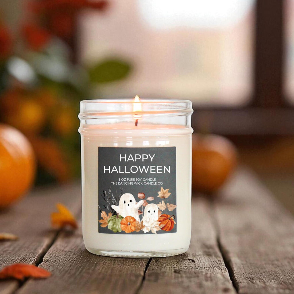 Happy Halloween Candle – Fall Decor, Halloween Gift, Spooky Season Candle, Autumn Scented Soy Candle, Cute Ghost and Pumpkin Design. SCPETAL5