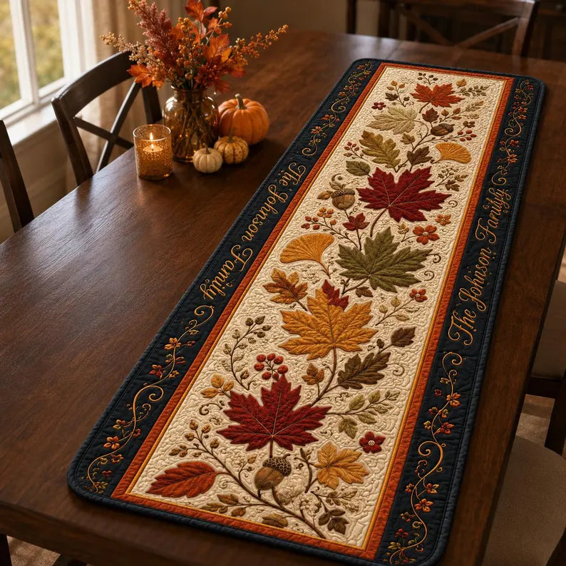 Autumn Leaves Quilted Table Runner, Fall Maple Leaf and Acorn Table Decor, Thanksgiving Dining Room Centerpiece. QTRPETAL8