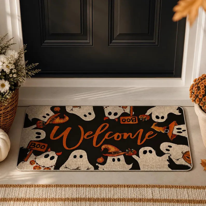 Halloween Welcome Door Mat Ghost Boo Rug Spooky Home Decor Trick or Treat Doormat. DMPETAL15
