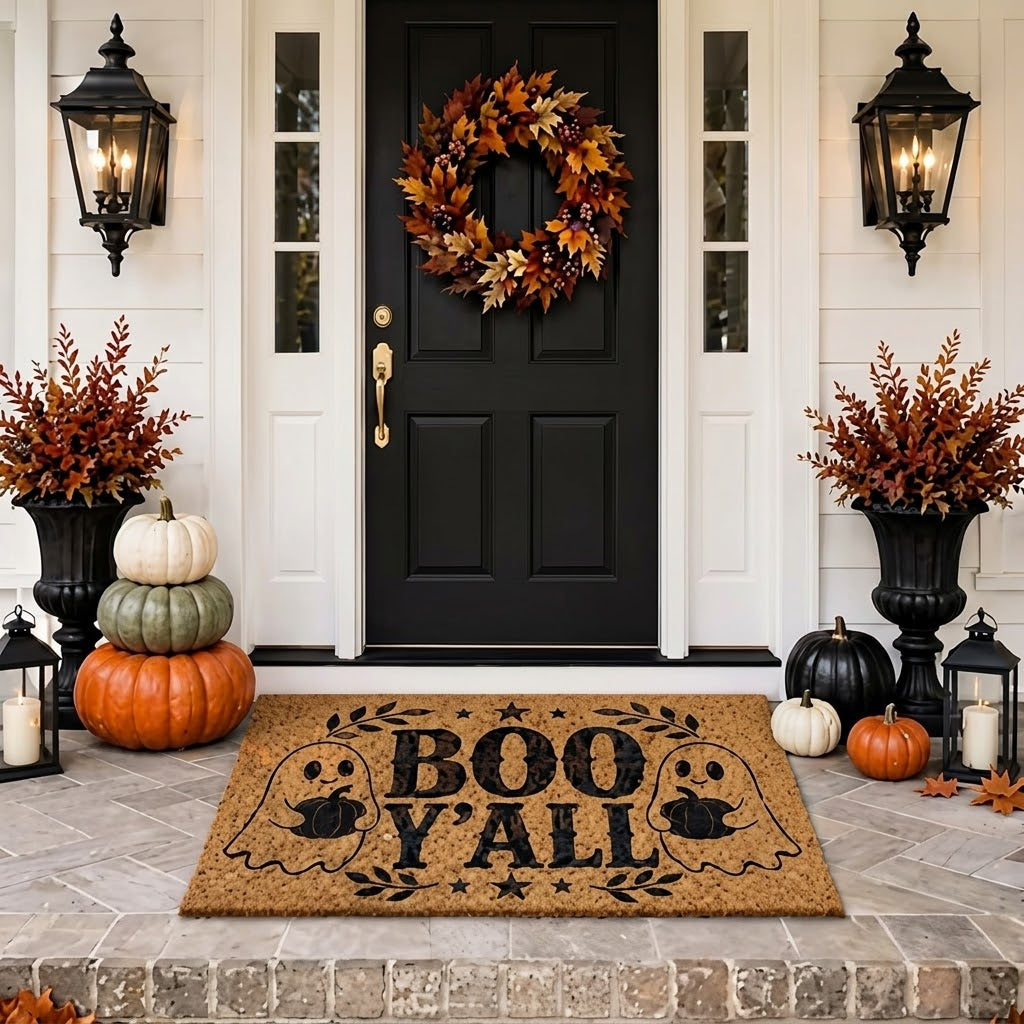 Boo Y’all Doormat, Halloween Ghost Welcome Mat, Fall Porch Decor, Funny Halloween Coir Doormat. DMPETAL23