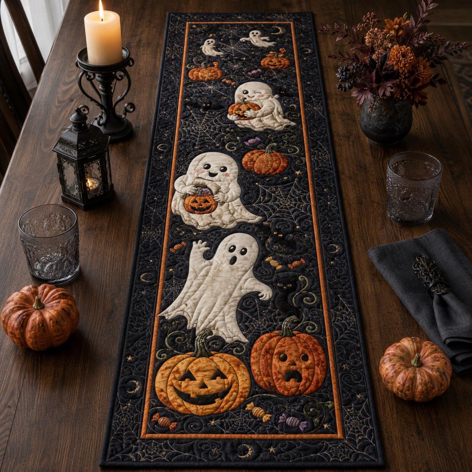 Quilted Ghost Halloween Table Runner, Spooky Pumpkin Decor.QTRPETAL16