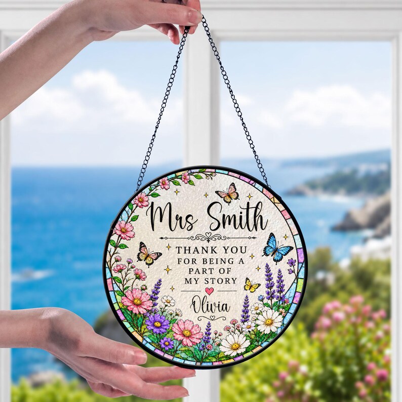 Personalized Teacher Appreciation Glass Suncatcher, Thank You Teacher Gifts, End Of School Gifts For Teacher, Teacher Window Hanger Decor. SUNPETAL17