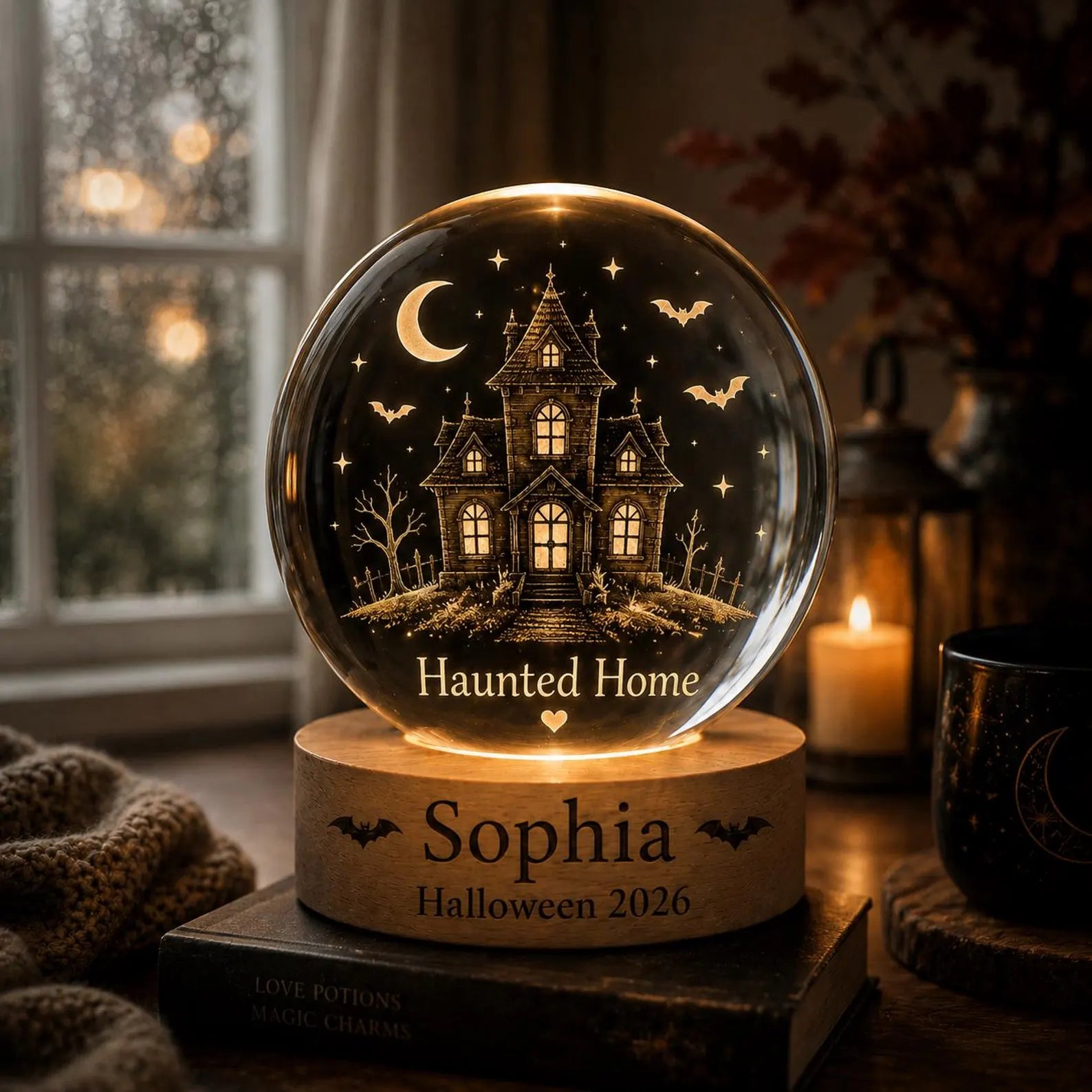 Personalized Haunted House Crystal Ball Night Light, Halloween Decor, Custom Name Spooky Lamp, Witchy Gift, Cozy Fall Bedroom Decor. LEDPETAL11