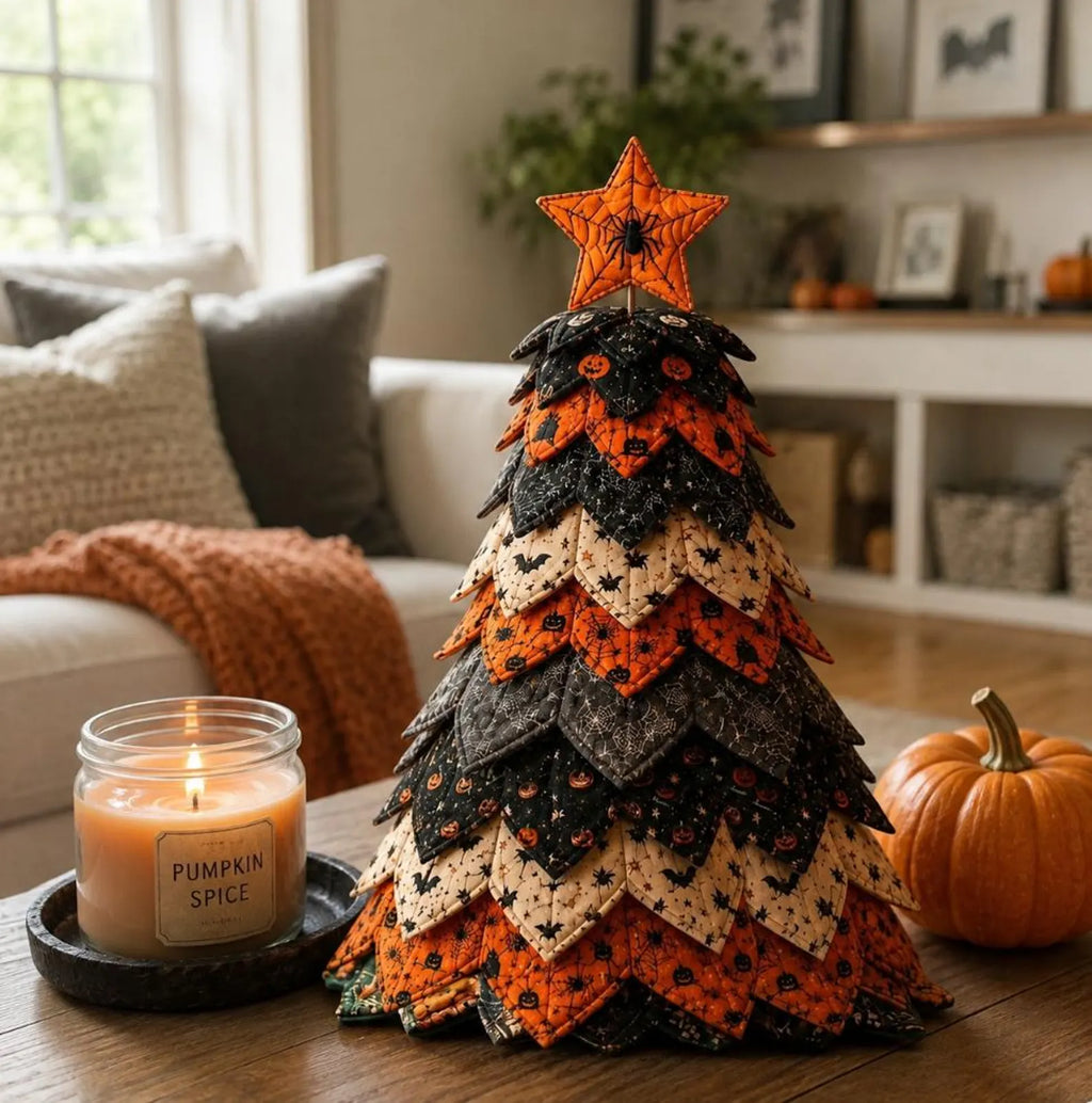 Halloween Star Quilted Fabric Tree Tabletop Decoration, Handmade Pumpkin Bat & Spider Spooky Fall Home Decor QCTPETAL05