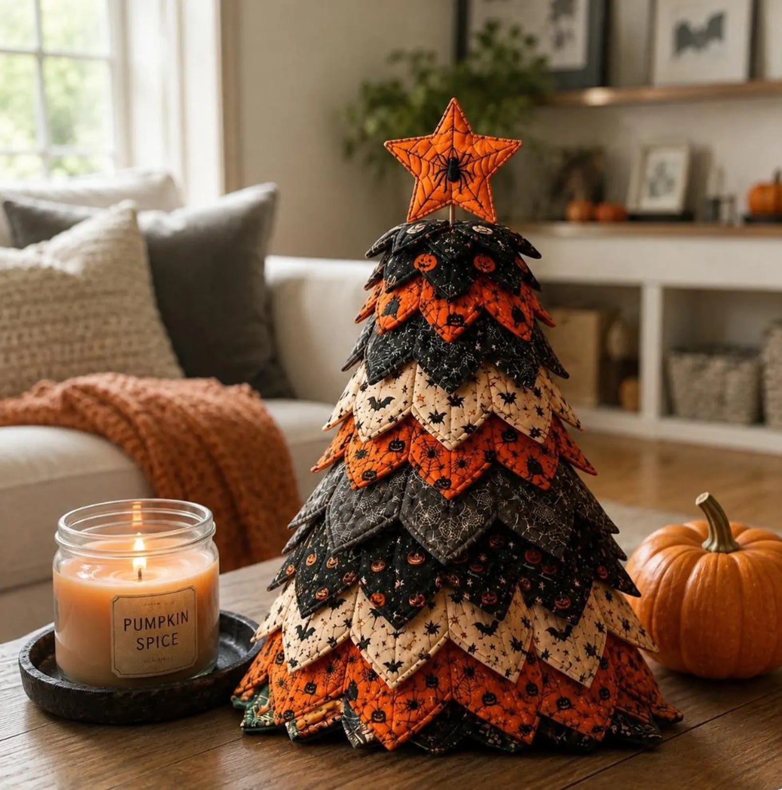 Halloween Star Quilted Fabric Tree Tabletop Decoration, Handmade Pumpkin Bat & Spider Spooky Fall Home Decor QCTPETAL05