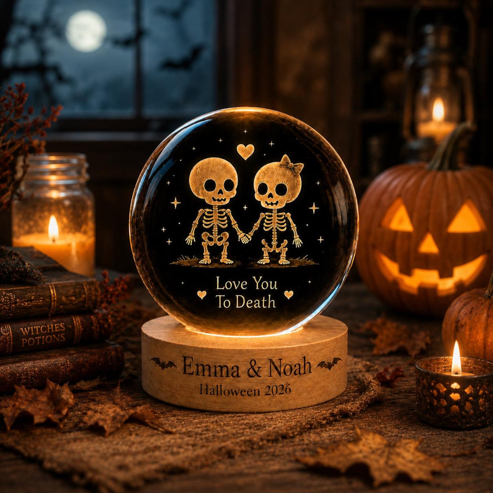 Personalized Skeleton Couple Crystal Ball Night Light, Halloween Decor, Custom Name Spooky Lamp, Gothic Gift for Couples, Fall Home Decor.. LEDPETAL25