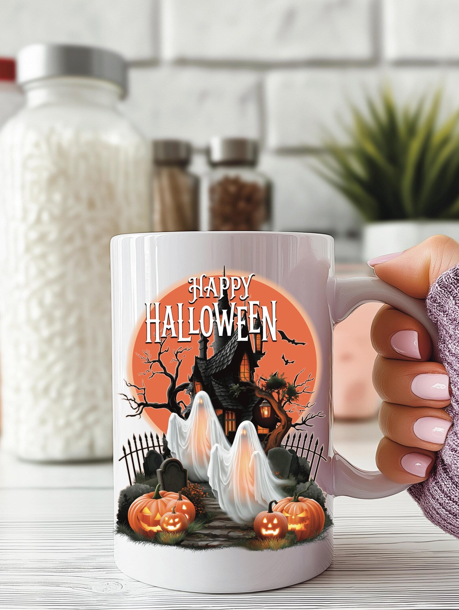 Happy Halloween Mug Spooky Ghosts Coffee Cup Gothic Haunted House Ceramic Mug Glowing Full Moon Autumn Fall Gift Holiday Keepsake Cup. MPETAL13