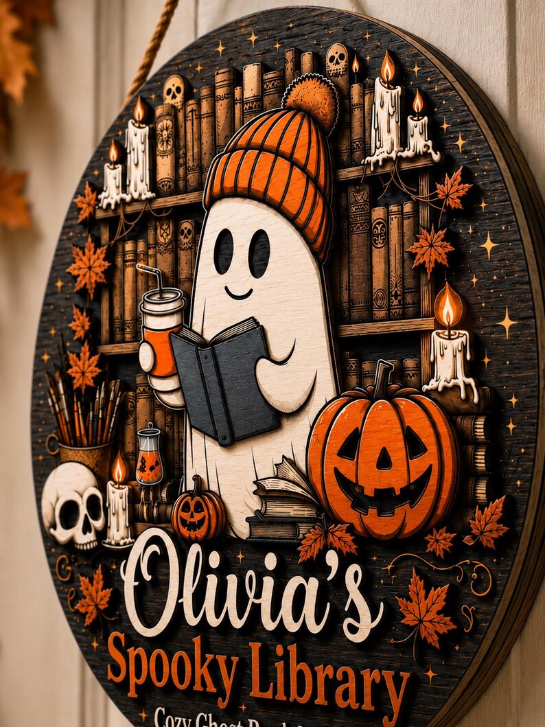 Personalized Spooky Library Wooden Door Sign, Cozy Ghost Book Nook Wall Decor, Custom Name Halloween Book Lover Witchy Home Hanging Sign. HLWDHPETAL09