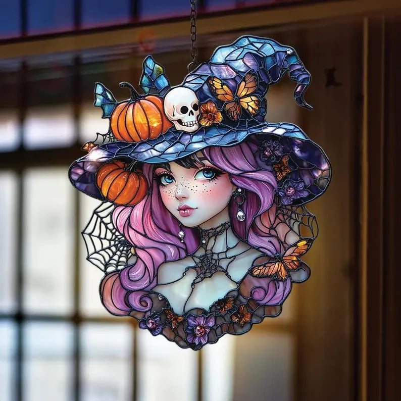 Acrylic Suncatcher Witch Girl with Pink Hair – Halloween Window Decor Featuring Pumpkin Hat, Skull, Butterflies & Spooky Gothic Charm. HSPETAL12