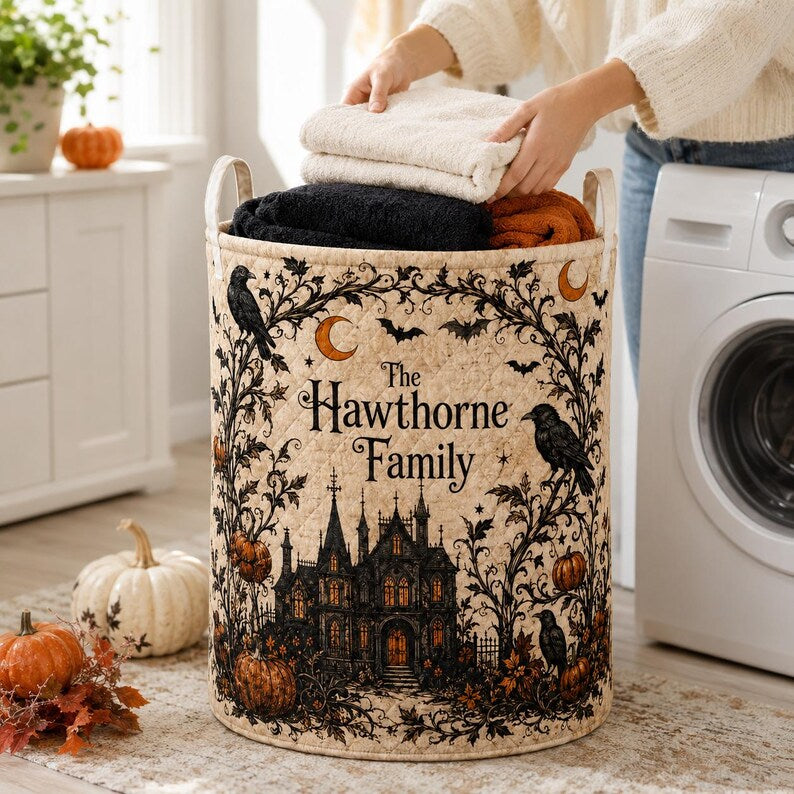 Personalized Gothic Halloween Quilted Laundry Basket, Custom Family Name Laundry Hamper, Haunted House Raven Pumpkin Storage Bin, Spooky Fall Home Decor LBPETAL146