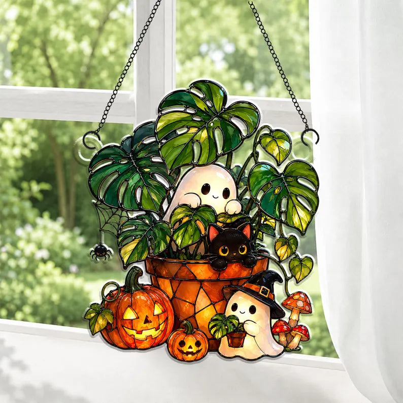 Cute Ghost Plant And Black Cat Acrylic Suncatcher, Pumpkin Window Hanging, Hangings Plant Lover Gift, Black Cat Lover Gift, Halloween Decor. HSPETAL2