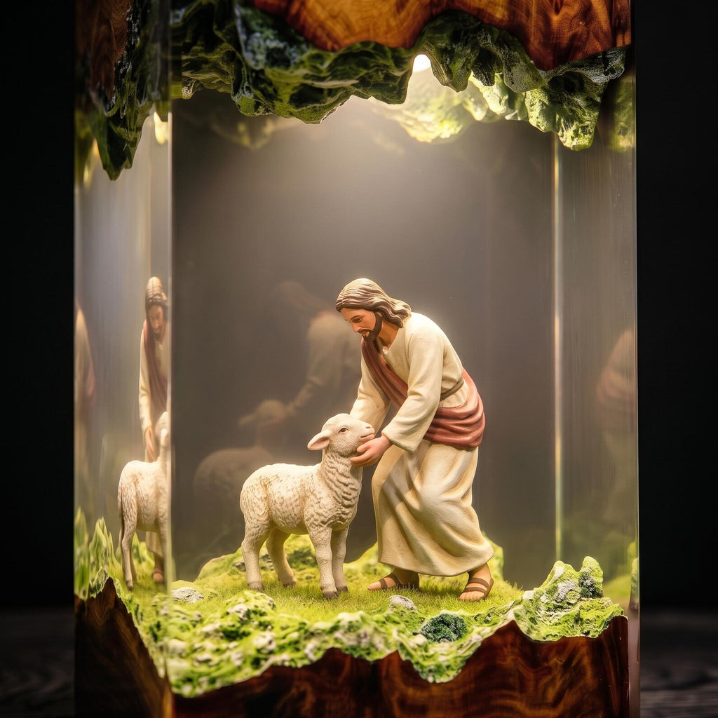 Jesus and Lamb Resin Lamp, Christian Night Light, Faith Religious Decor, Biblical Shepherd Scene, Christmas Gift, Christian Home Decoration. RLPETAL18
