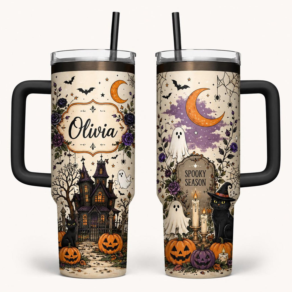 Personalized Halloween Tumbler, Spooky Haunted House Black Cat Travel Cup. Happy Halloween Tis The Season. TBLPETAL19