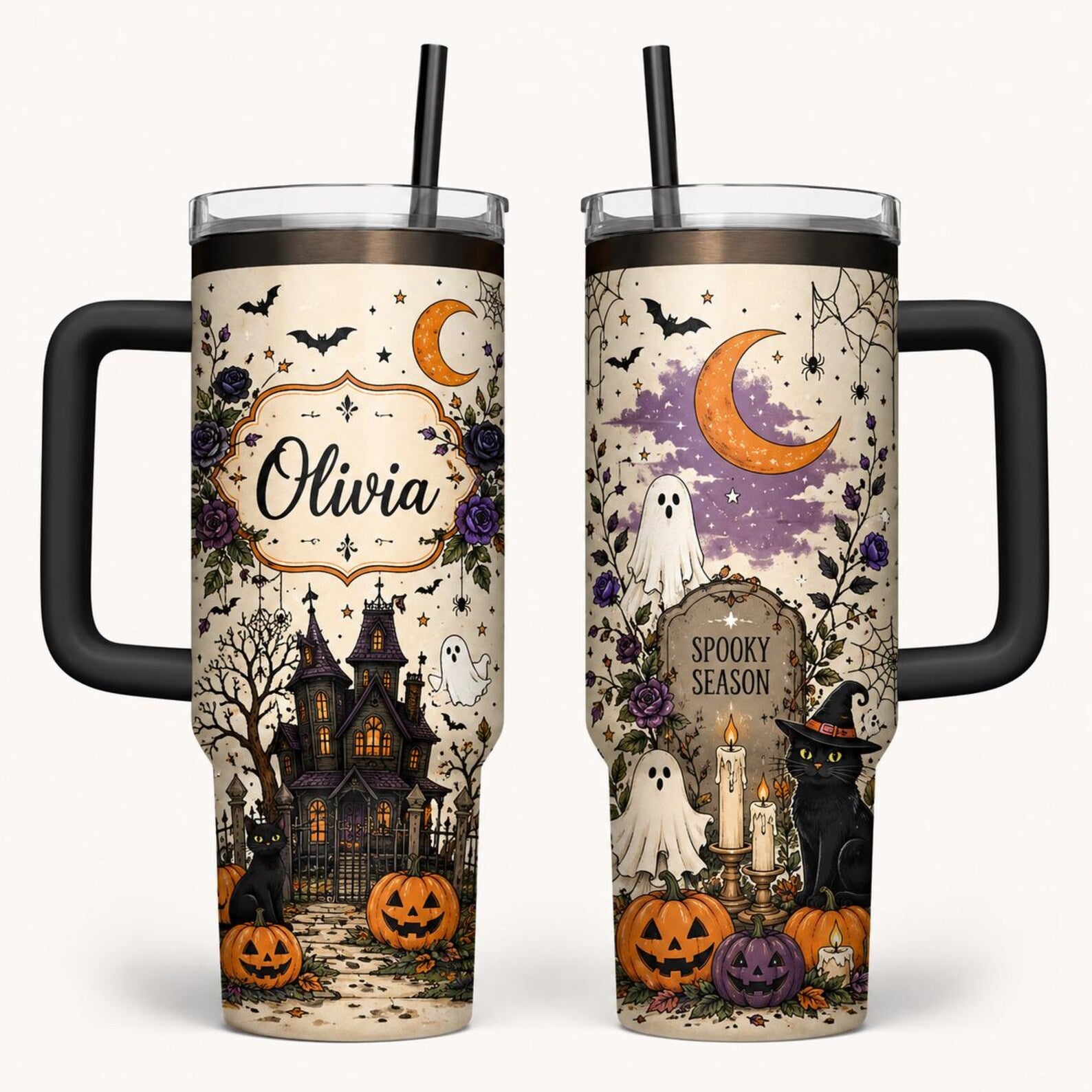 Personalized Halloween Tumbler, Spooky Haunted House Black Cat Travel Cup. Happy Halloween Tis The Season. TBLPETAL19