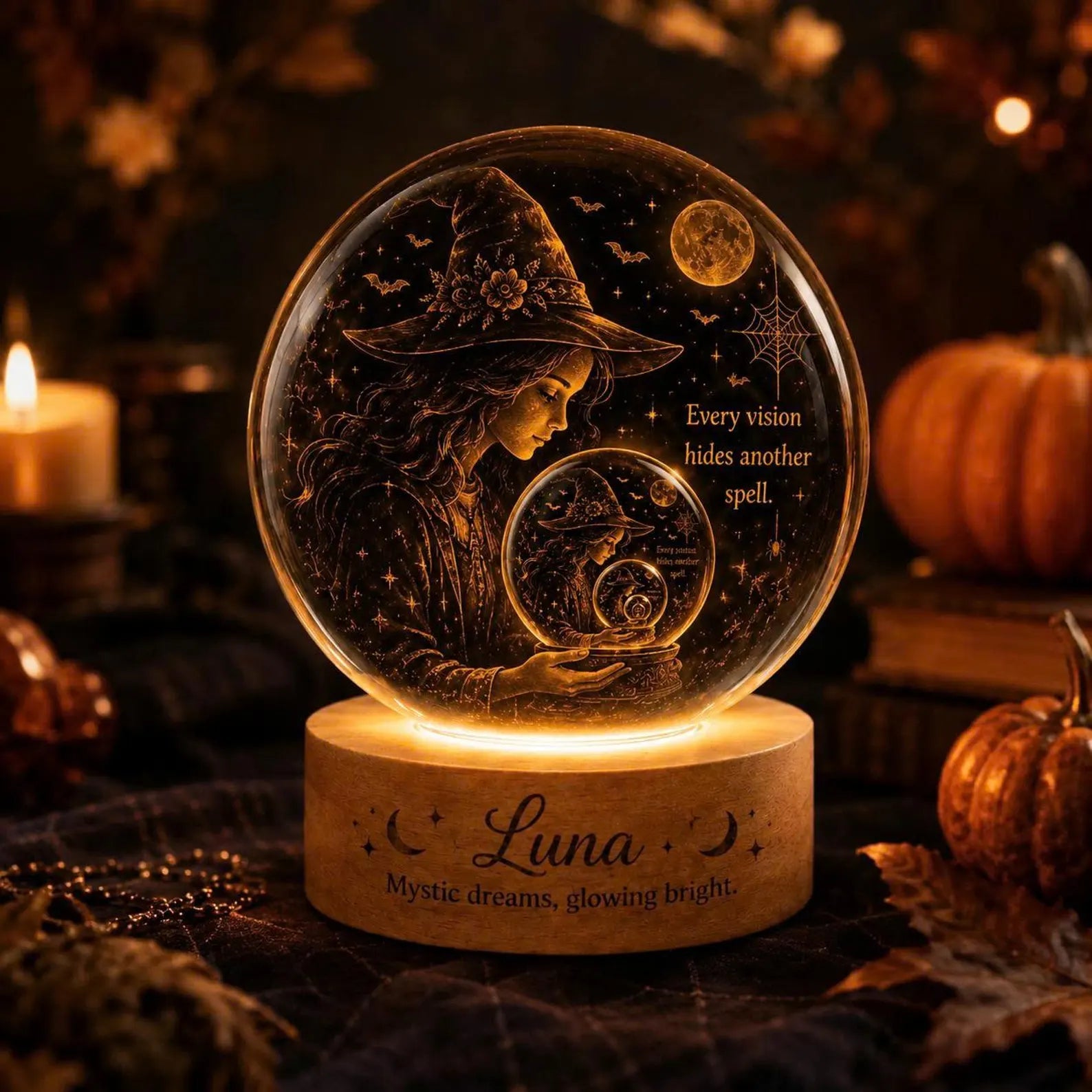 Personalized Witch Crystal Ball Night Light, Halloween LED Lamp, Fortune Teller Decor. LEDPETAL17