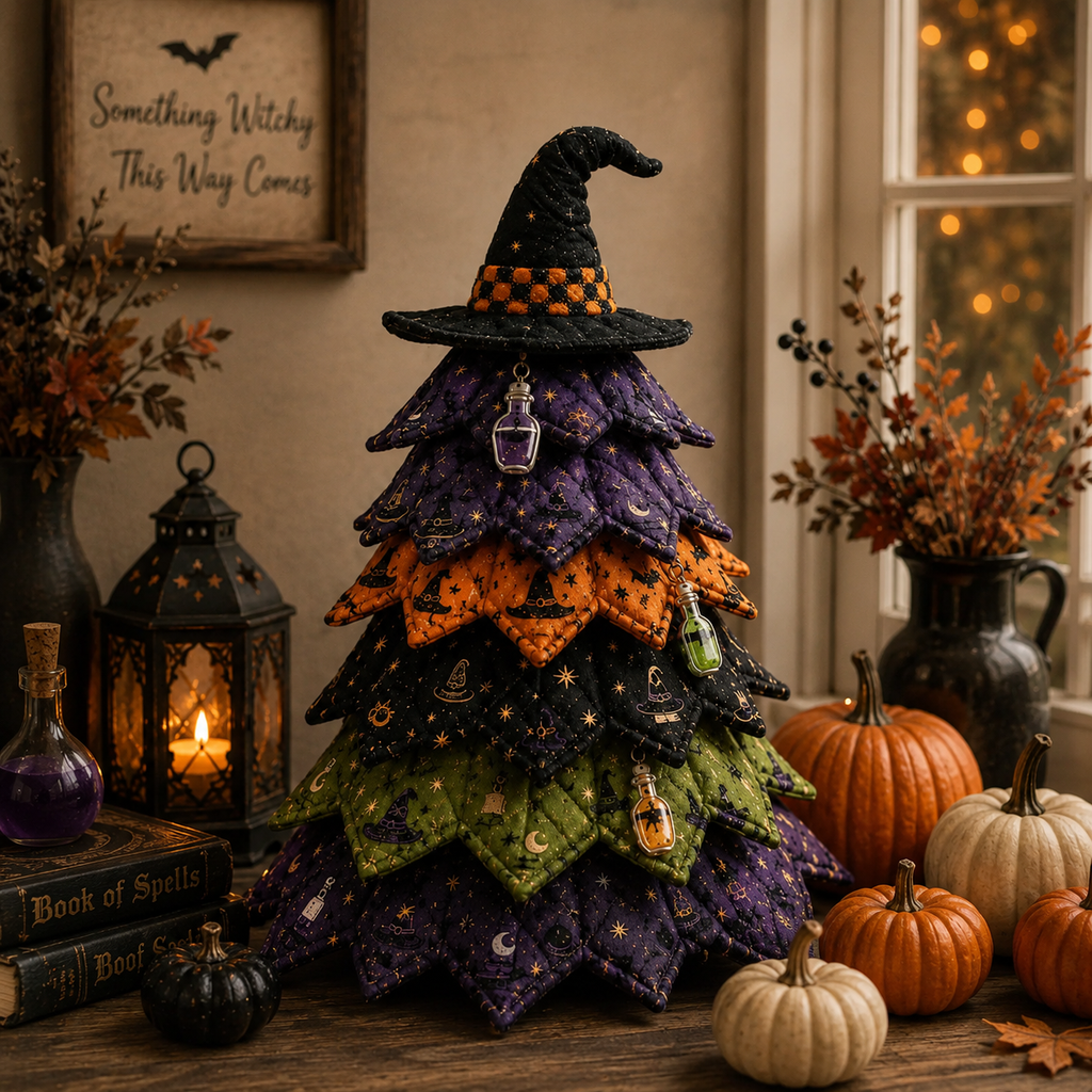 Halloween Witch Hat Quilted Fabric Tree Tabletop Decoration, Handmade Layered Pumpkin & Potion Bottle Fall Decor QCTPETAL02