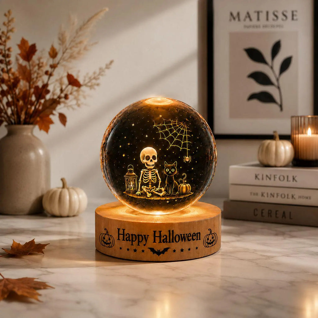 Halloween Crystal Ball LED Night Light, Spooky Skeleton Cat Decor Lamp, Festive Fall Home Decoration Gift for Halloween. LEDPETAL26