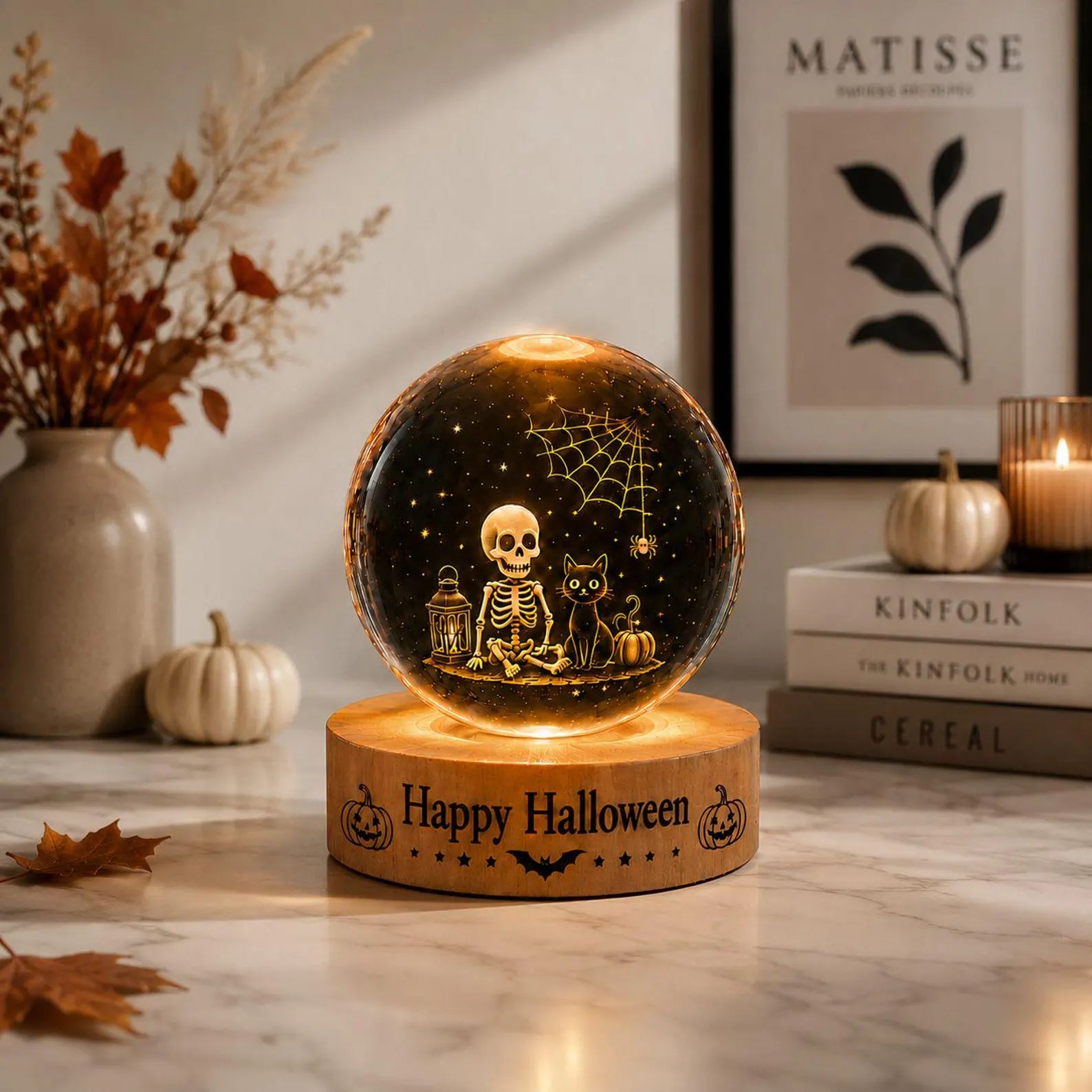 Halloween Crystal Ball LED Night Light, Spooky Skeleton Cat Decor Lamp, Festive Fall Home Decoration Gift for Halloween. LEDPETAL26