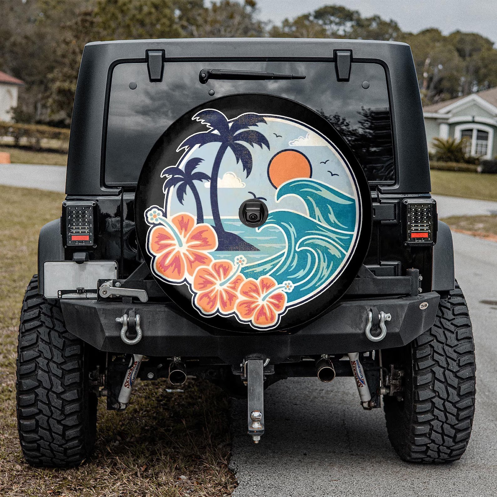 Retro Sunset Beach Vibes Spare Tire Cover, Vintage Summer Ocean Wheel Protector, Tropical Island Car Accessories, Aesthetic Outdoor Decor. TCPETAL4