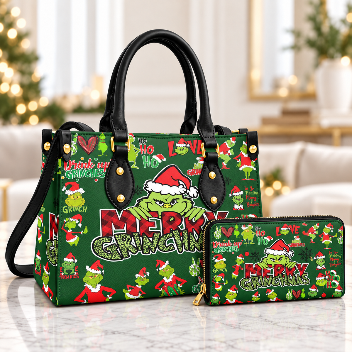 Personalized Merry Grinch Christmas Leather Handbag, Grinch Christmas Leather Tote Bag, Grinch Wallet, Christmas Bag Gift GBAG02