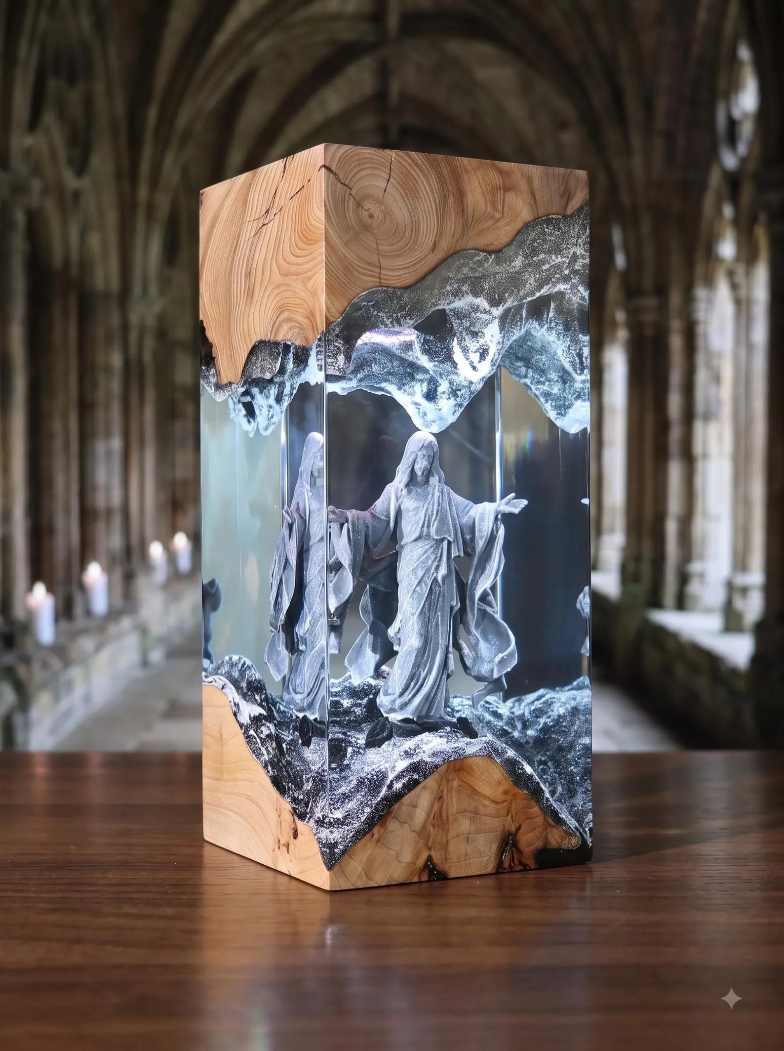 Jesus Christ Lamp in Resin and Wood, Catholic Night Light, Religious Decoration, Christian Baptism Gift, Handmade Spiritual Art. RLPETAL12