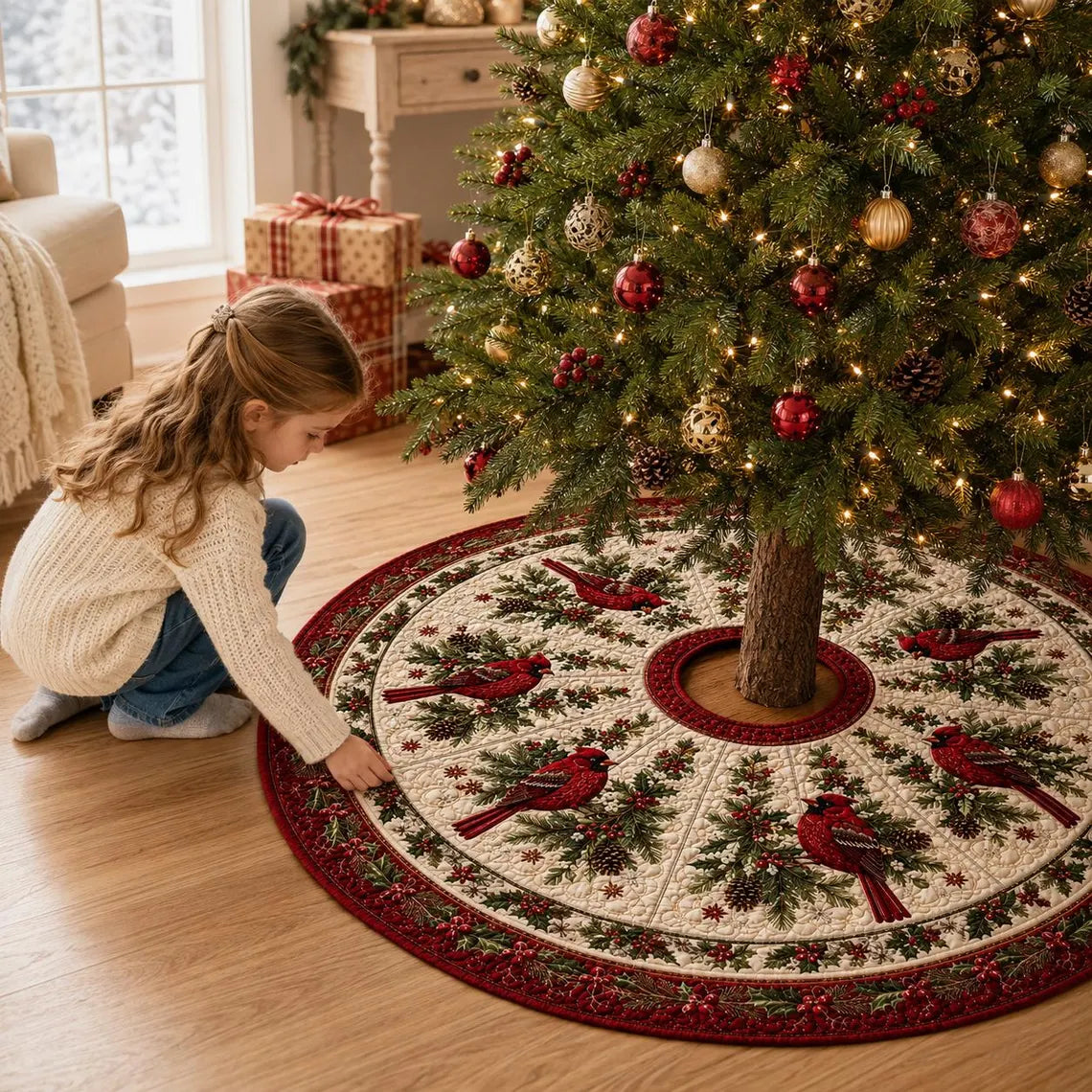 Christmas Red Cardinal Tree Skirt, Holiday Tree Decor, Winter Bird Farmhouse Christmas Decor, Quilted Style Tree Mat. CTSPETAL16