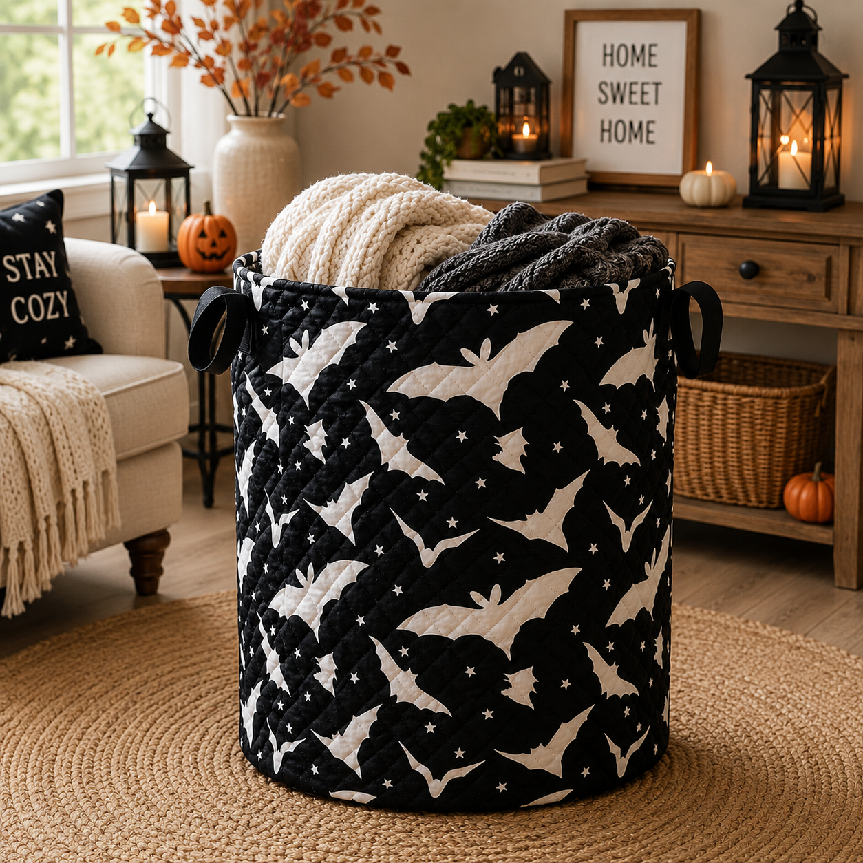 Black Bat Quilted Laundry Basket, Halloween Blanket Storage Bin, Spooky Bat Fabric Hamper, Fall Home Decor Basket with Handles. HLWLBPETAL17