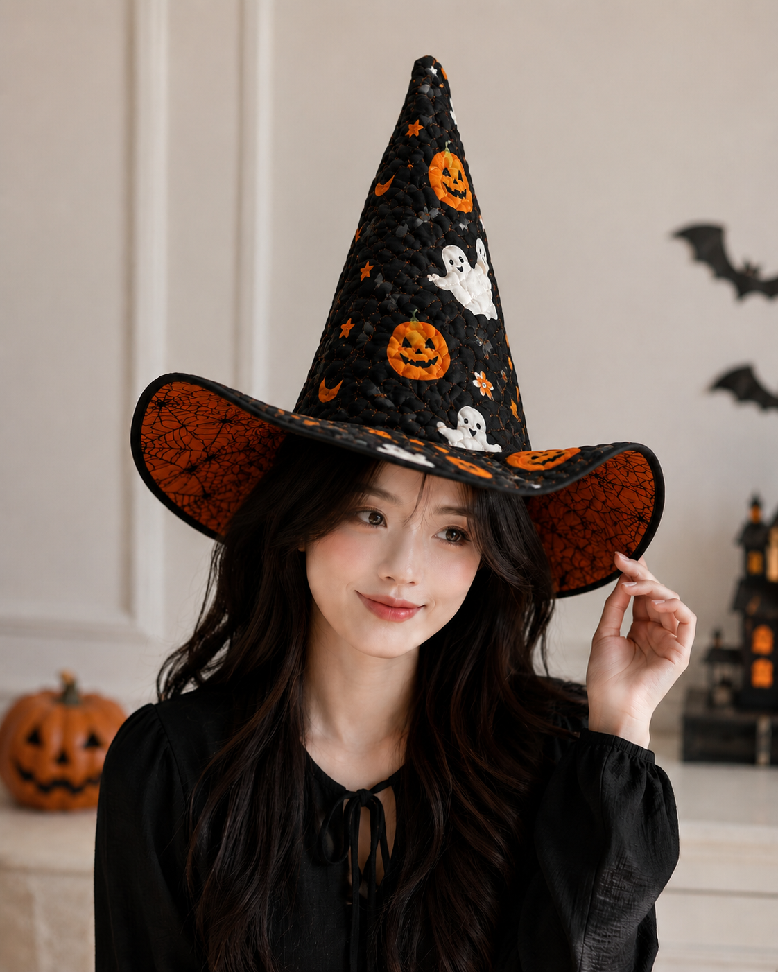 Halloween Quilted Witch Hat for Women – Black Pumpkin Ghost Witch Costume Hat with Orange Spiderweb Lining. QWHPETAL3