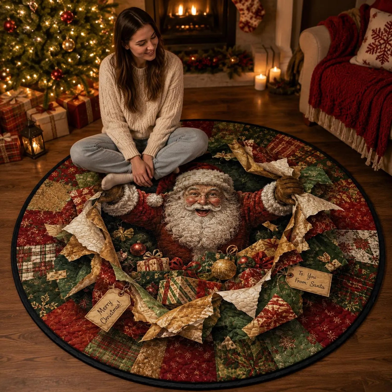 Christmas Quilted Rug, Santa Claus Round Rug, Vintage Patchwork Christmas Rug, Holiday Floor Mat, Festive Santa Home Decor, Xmas Gift. QRPETAL37